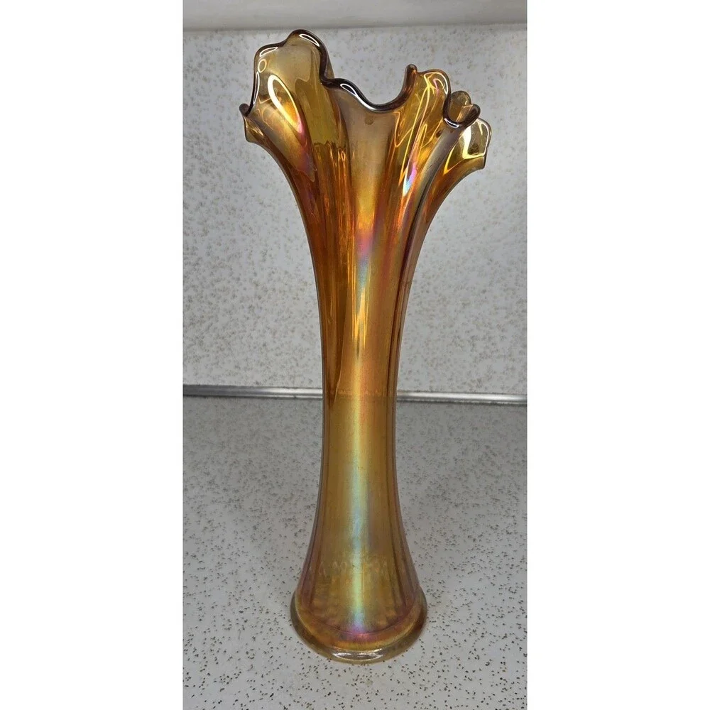 Vtg Imperial 12.5” Marigold Carnival Glass Swung Freefold Pattern Vase